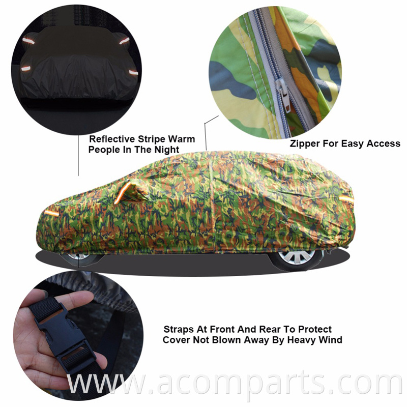 Outdoor parking dust rain snow protective waterproof camouflage 190T portable car cover with zipper